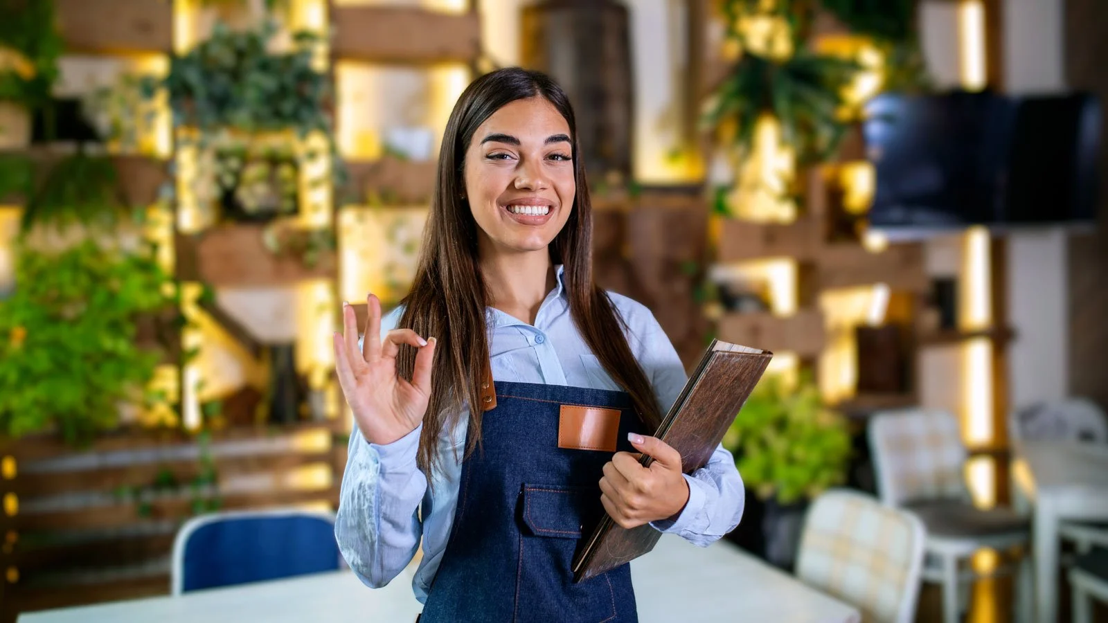Happy beautiful smiling waitress wearing apron holding a folder menu in a restaurant looking at camera standing in cozy coffeehouse good service